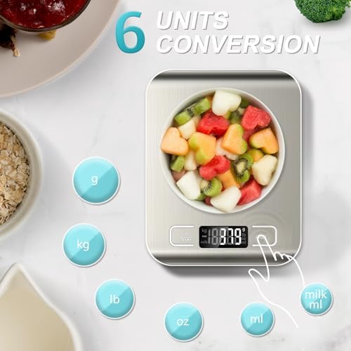 Food Scale, 11lb Kitchen Scale with 6 Units Tare Function & LCD Display, 0.05oz/1g Stainless Steel Digital Food Scale Grams and Ounces for Baking, Cooking, Dieting and Meal Prep (Batteries Included) - 1