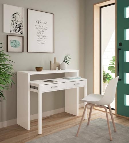 Dmora Consolle scrivania a Scomparsa, con 2 cassetti, 99 x 88 x 36 cm, Bianco, Unico