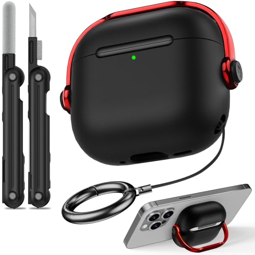 Wowwat for Airpods 4 Case,Compatible with Apple Airpods 4th Generation Case with Drop Protection Lock and Phone Holder Function,with Cleaner Kit and Keychain,for Men and Woman(Black Red)