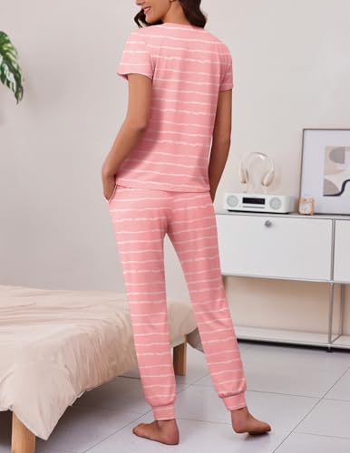 Image of Ekouaer 2 pack Pajama Sets for Womens Jogger Pants Pjs Short Sleeves Lounge Set Soft Sleepwear with Pockets
