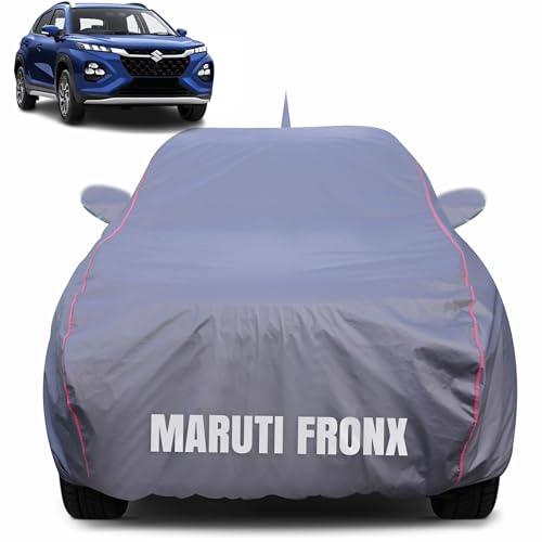 Image of 100% Waterproof Car Body Cover for Maruti Suzuki Fronx (2012-2024) with Mirror Pocket (Heat & UV Resistant, Triple Stitched, Soft Lining, Bottom Elastic & Piping) Grey