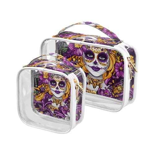 Amooorous Paquete de 2 mascarillas de carnaval de Mardi Gras amarillas y moradas transparentes decorativas para colgar bolsas de brochas de maquillaje reutilizables aprobadas por la TSA, bolsa de
