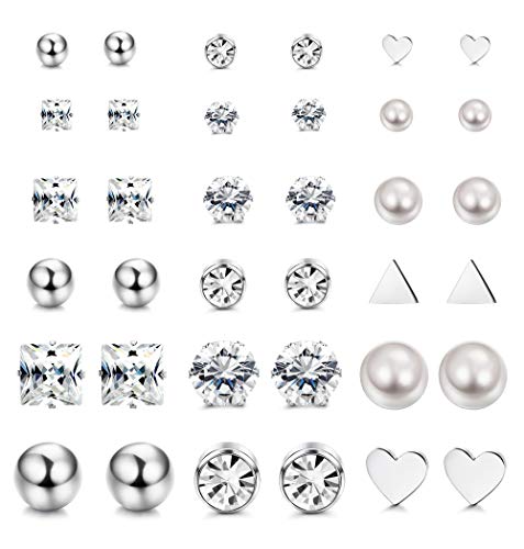 LOYALLOOK 12 Pairs Stainless Steel Earrings Stud Earrings Set for Womens Round Clear CZ Stud (18 Pairs Style2)