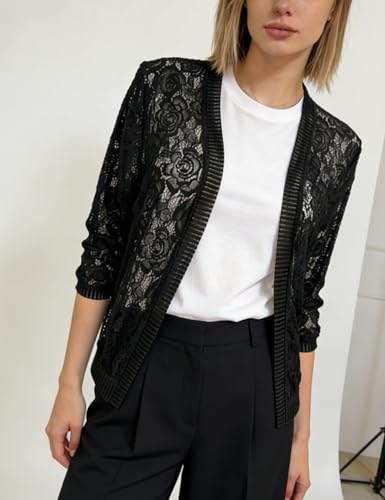 Image of FindThy Women's Casual Summer Lace Cardigan Open Front 3 /4 Sleeve Solid Lace Shrug Cover Up