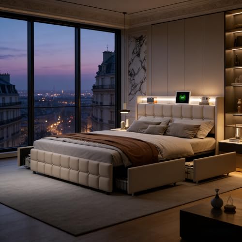 Lit Double 180x200 avec Sommier à Lattes et LED, Cadre de Lit Rembourré avec 4 Tiroirs de Rangement, Tête de Lit avec Prises USB + Type-C, Design Moderne en...