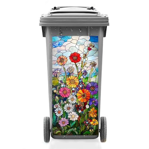 Image of 14.6x32.3 Inch Trash Can Cover Stained Glass Art Style Blooming Flowers with Clouds Design Outdoor Garbage Bin Decoration Sticker Wrap