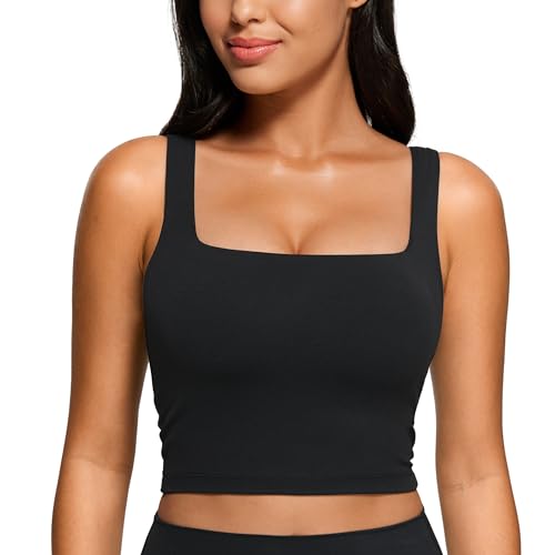 CRZ YOGA Butterluxe Square Neck Crop Tank Tops for Women – Workout Longline Sports Bras Padded Yoga Camisole