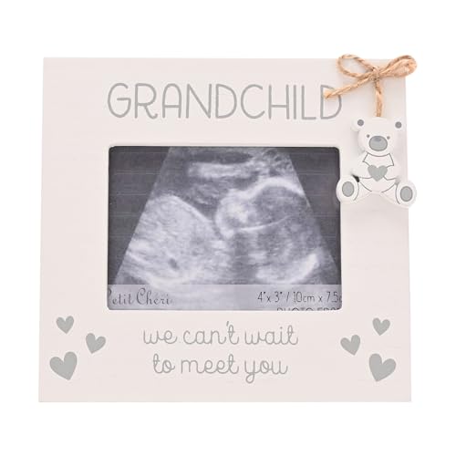 Widdop and Co Grandchild Baby Scan Photo Frame - Picture Frame for Grandparents - We Cant Wait To Meet You - White with Grey Hearts & Hanging Bear Charm 4 x 3 - Sentimental Mememto Gift
