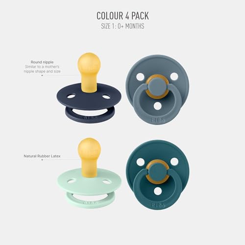 Image of BIBS Pacifiers - Colour 4 Pack | Round Nipple Baby Pacifier | BPA Free Natural Rubber Latex Soother | Made in Denmark | Size 0-6 Months | Boy Colors