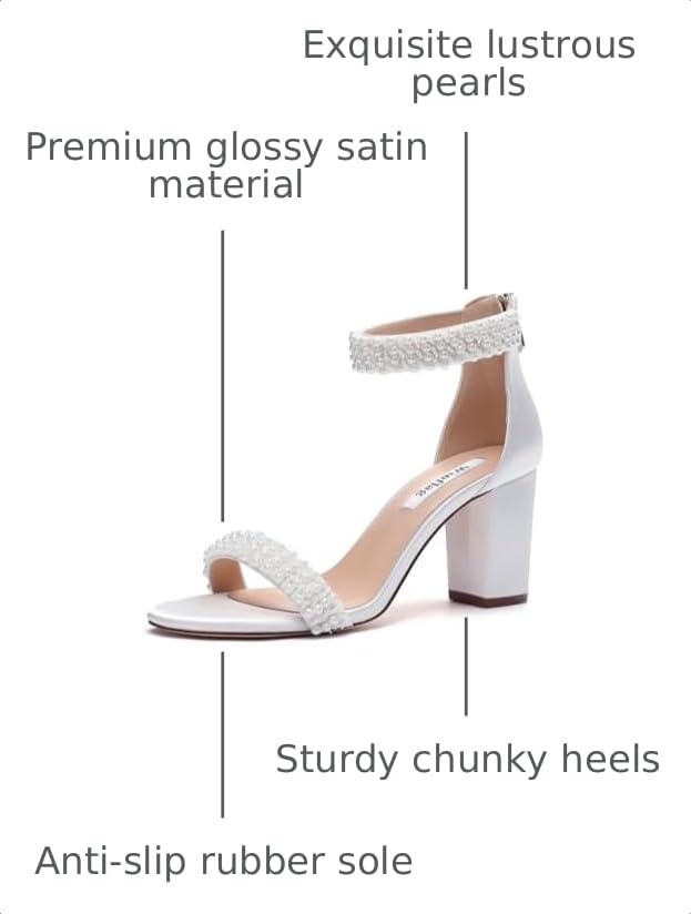Image of Block Heel Wedding Sandals Pearl Heels Open Toe Wedding Shoes for Bride Bridal Shoes