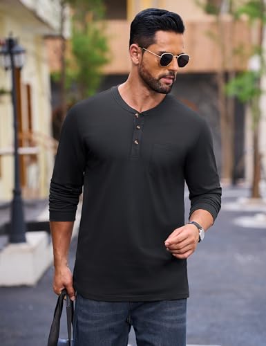 MAGNIVIT Mens Henley Shirts Long Sleeve with Pocket Fall Cotton Casual T-Shirts Plain Moisture Wicking Tee with 3 Button3