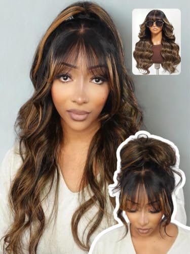 Image of Beauty Forever HD Lace Wear & Go Glueless Human Hair Wig Body Wave, 13x4 Pre Cut Pre Plucked Lace Front Wig with Curtain Bangs, Balayage Highlight, Beginner Friendly 22 inch
