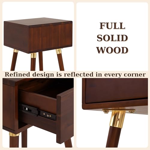 Image of Bme Caden Solid Wood Nightstand /Side Table /End Table, Fully Assembled, with 1-Drawer for Mid Century Bedroom and Living Room, Walnut
