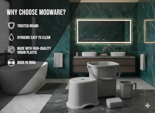 Image of MODWARE Bathroom Set, Pack of 4, Bucket, Mug, Soap Case, Stool, 20L, Polypropylene (Grey)