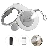 AIITLE Retractable Dog Leash with LED Flashlight, 16ft Dog Leash for Large Dogs Up to 110 lbs, Strong Reflective Nylon Tape, Detachable Dispenser, Rubbish Bags, One Button Lock & Release White L