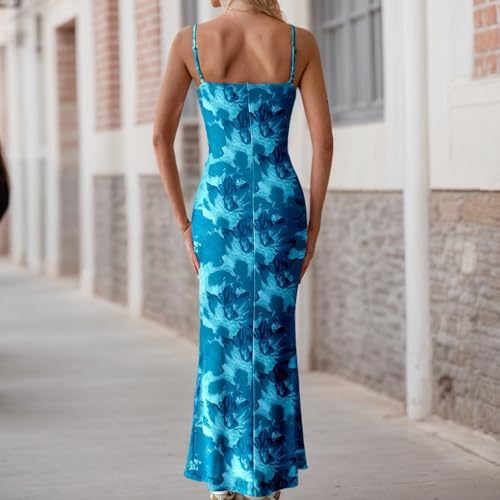 Image of Womens Summer Casual Floral Dresses Spaghetti Strap Bodycon Maxi Beach Dress Elegant Evening Party Long Dresses (US, Alpha, Large, Regular, Regular, Z Blue)