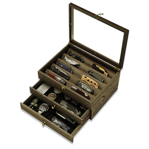 amoard Knife Display Case Knife Collection Display Holder with Glass Lid, 3-Layer Wooden Pocket Knife Case with Drawers