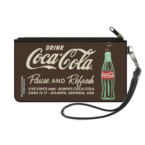 Buckle-Down Carteira Coca-Cola, Estojo com Zíper, Garrafa Coca-Cola Pause and Refresh Marrom e Branca, Lona
