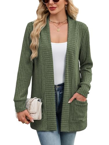 iChunhua Long Cardigan for Women Ribbed Knit Comfy Longline Lightweight Open Front Outerwear Tops with Pockets (Army Green, Small)