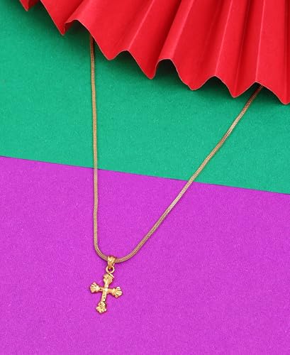 Image of CUTE GOLD One Gram Micro Gold Plated Men Style Lord Jesus Cross Pendant Chain For Mens And Womens (18 inch)(DC-1133)