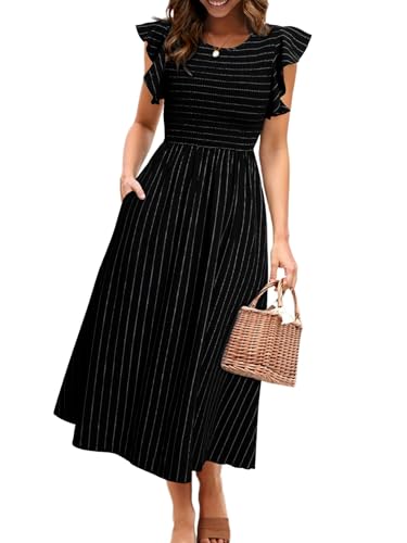 Image of Simplee Womens Striped Midi Summer Dress Linen Smocked Flutter Short Sleeve Dress Flowy Casual Dress with Pockets