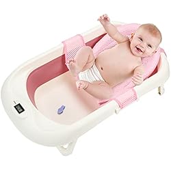 Cecaylie Bañera plegable para bebé, 50 l, con termómetro, respetuoso con el medio ambiente, PP+TPE, incluye red y cuchara de baño, para bebés de 0 a 6 años, color rosa
