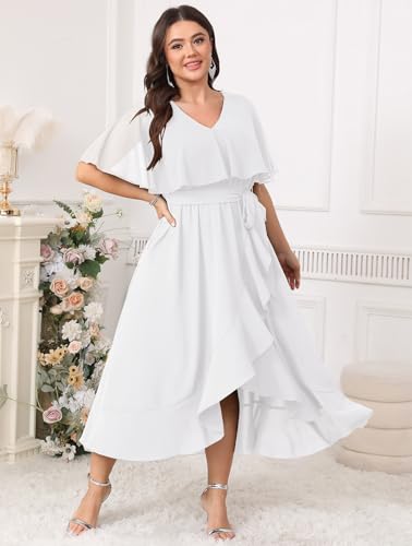 Image of Women Plus Size Long Formal Dress Short Sleeve Chiffon Ruffle V Neck High Low Split Wedding Guest Maxi Dresses