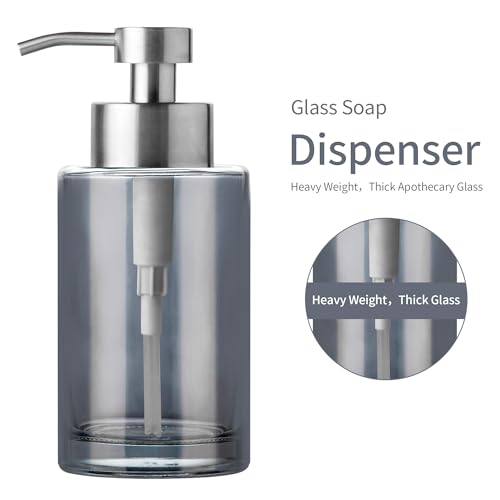 Image of Enra Silver Glass Soap Dispenser, Foaming Hand Bathroom Soap Dispenser | 12oz thick glass body with stainless steel pump. Modern countertop dispenser for bathroom, kitchen sink and home decor.