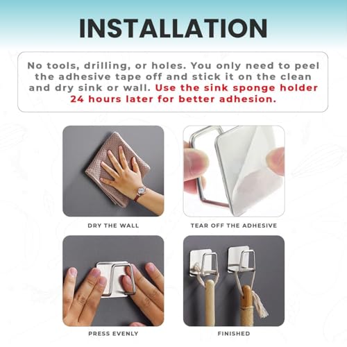 Image of Stainless Steel Adhesive Sponge Holder for Kitchen Sink, Hanging Hooks Without Drilling, Waterproof Caddy Organizer, Rustproof Sponge Rack for Scrubber & Brush, Kitchen Accessories (Pack of 1)