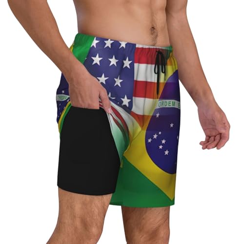 American and Brazilian Flags Print Swim Trunks Men Beach Pants Swimwear Shorts with Pockets for Surfing Swimming3