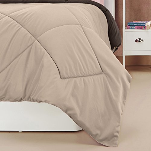 Image of Amazon Brand - Solimo Microfibre Reversible Comforter, Double (Subtle Beige & Walnut Brown, 200 GSM) Solid 144 TC 100% Cotton Double Bedsheet with 2 Pillow Covers, Off-White