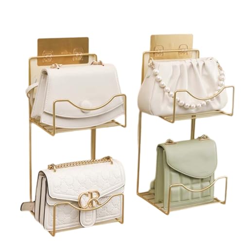 Wall Mount Handbag Purse Holder(Pack of 2 Golden), Metal Hanging Handbag Storage Tote Bag Organizer with 2 Large Heavy-Duty Shelves for Wardrobe Closet and Door, Space Saving