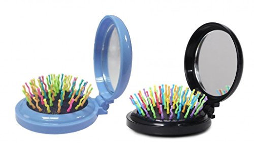 LOUISE MAELYS 2pcs Mix Color Round Folding Pocket Hair Brush Mini Pop-up Hair Comb with Makeup Mirror Rainbow Bristles