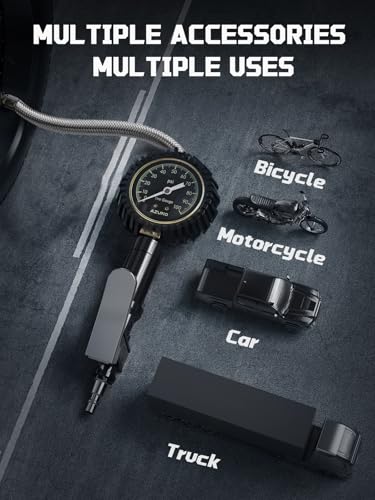 Image of Analog Tire Inflator Gauge with Steel Braided Hose, 100 PSI Mechanical Tire Pressure Gauge - 3-in-1 Inflate /Deflate /Measure, 2.6 inch Glow Dial, Air Chuck for Car, Truck, SUV, RV, Bike (with Case)