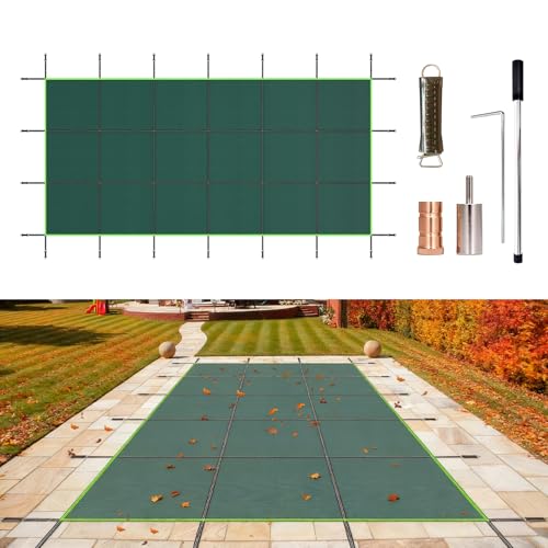 KARHDIR 16 ft x 32 ft Rectangular Inground Pool Safety Cover Heavy Duty Winter Pool Covers, with Durable Design Cold and UV Resistance Reflective Strip for Home Garden Hotel