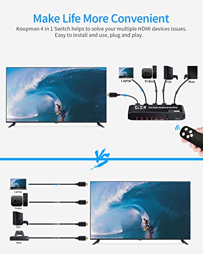 4K Hdr Hdmi Switch, Koopman 4 Ports Hdmi 2.0 Switcher Selector With Ir Remote Control, Supports Hdcp 2.2 4K@60Hz Ultrahd Hdr10 3D Hd1080P Dolby Dst, Hdmi Splitter For Ps4 Xbox Apple Tv Fire Stick #TOP2