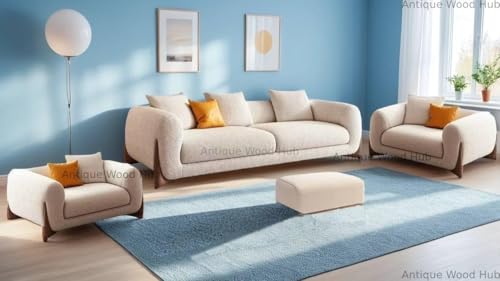 Image of Modern Off-White Boucle Upholstered Sofa Set with Stylish Wooden Legs Sofa for Living Room, Bedroom, Hallways (3+1+1+ Ottoman)