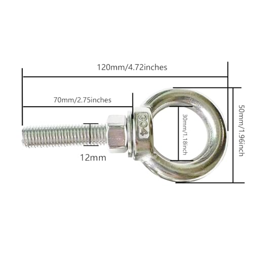 Image of 304 Stainless Steel Shoulder Eye Bolts, 2 PCS M12 Heavy Duty Eye Bolt Lifting Ring 2.75 inch Threaded Eyebolt with Nuts and Flat Washers(Thread Length 70mm) Muti-Function for Indoor Outdoor