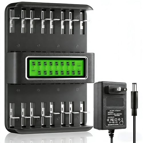 AA AAA Battery Charger 16 Bay for 1.2V AA AAA C D Ni-MH Ni-CD Rechargeable Batteries,LCD Screen Universal Rechargeable Charger for All Common Rechargeable Batteries in House (AC Wall Adapter Supply)