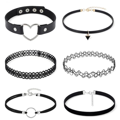 QFGasre Gothic Choker Halskette Für Damen 6-Teiliges Set Aus Schwarzen Spitzenchokern Im 90er-Jahre-Stil Klassisches Gothic-Tattoo-Spitzenchoker-Accessoires-Set Geschenkidee