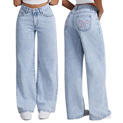 Girls Bow Jeans,Embroidered Cute Bow Baggy Y2k Barrel Low Rise Jeans Straight Wide Leg Boyfriend Denim Pants for Women