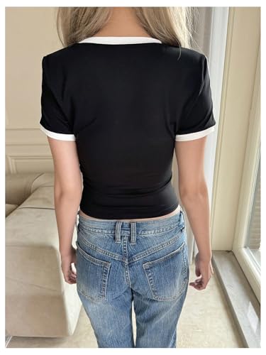 SweatyRocks Girl's Striped Bow Graphic Tee Shirt Crew Neck Short Sleeve Fitted Summer Tops2