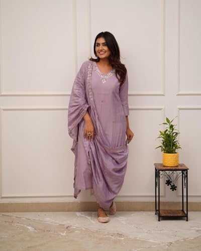 Shiv Textiles Embroidery Onion Kurta Trousers With Dupatta Striped Viscose Silk Blend Three-Quarter Sleeves Kurta Sets For Womens(Jd-Zarana-Onion-S)