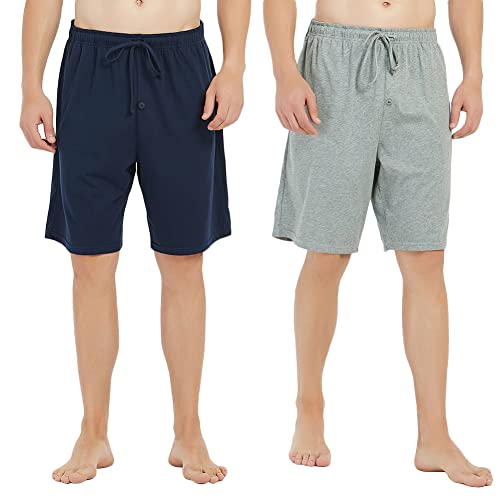 U2SKIIN 2 Pack Mens 100% Cotton Pajama Shorts, Lightweight Lounge Pant with Pockets Soft Sleep Pj Shorts for Men
