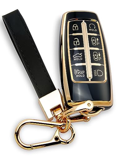 Compatible with Genesis Key Fob Cover, Gold Keychains, for G80 GV80 GV70 G90 2021 2022 2023 6 8 Buttons TPU Genesis Accessories Car Key Case Shell (Black)