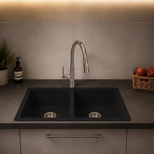 Image of Carysil DOLCE UK Quartz Kitchen Sink 34 x 20 x 8 inches, Single Bowl, 80% Quartz & 20% Resin, Heat Resistant 300C, 50kg Load, Scratch & Stain Resistant, Granite Sink, 304 SS Coupling - Pearl Black