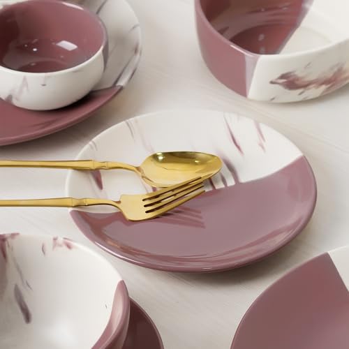 Image of The Earth Store DT Magenta Italian Ceramic Dinner Set of 18 Pieces Serving for 6, Microwave and Dishwasher Safe Plates & Bowls for Dining, Bone-Ash Free Crockery Set for Dining and Gifting