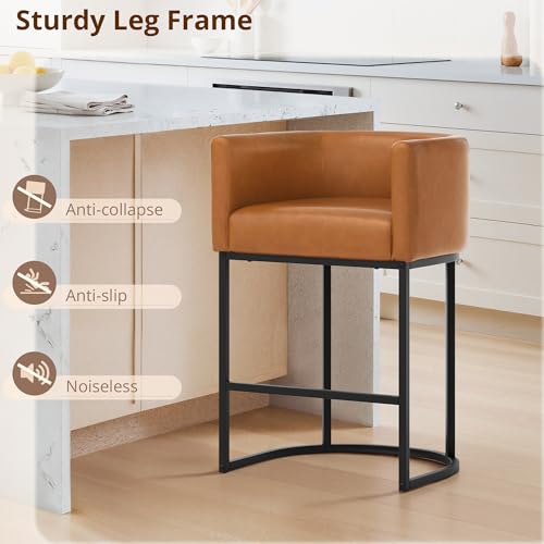 Image of LUE BONA Counter Height Bar Stools Set of 2, Modern Barrel Counter Stools with Backrest and Arms, Black Metal Frames, Faux Leather Upholstered Accent Barstools for Kitchen Island, Yellowish Brown