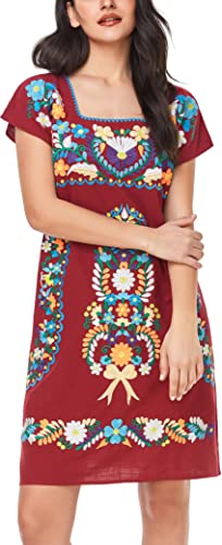 Image of YZXDORWJ Women Mexican Embroidered Dress Ruffle Collar Sleeveless