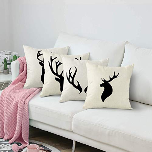 Artsocket Set Of 4 Throw Pillow Covers Stag Of Deer Head Silhouette White Reindeer Antlers Moose Horn Decor Linen Pillow Cases Home Decorative Square 18X18 Inches Pillowcases #TOP5
